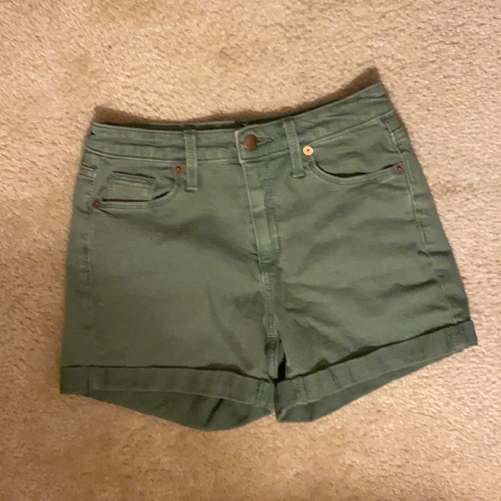 Muted Green Rolled Hem High Rise Jean Shorts
